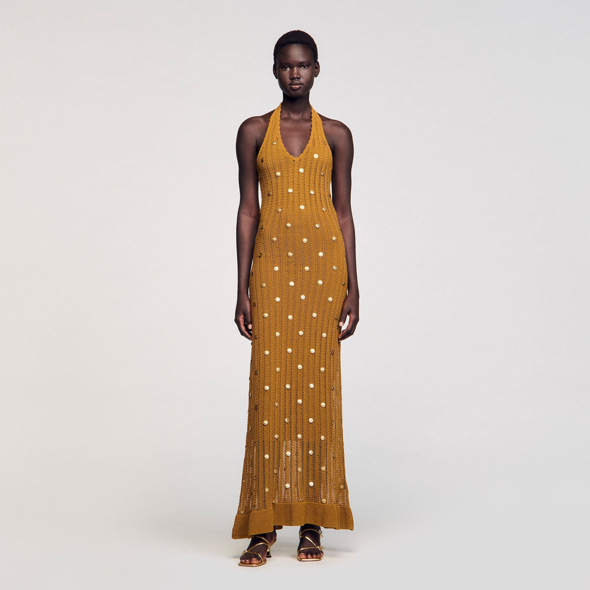 Sandro Maxi knit dress with fringes Olive