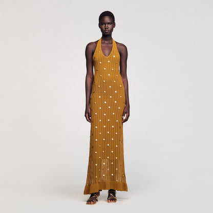 Sandro Maxi knit dress with fringes Olive
