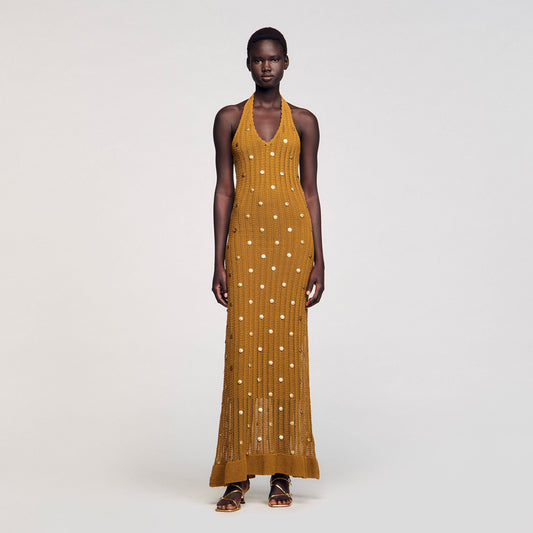 Sandro Maxi knit dress with fringes Olive