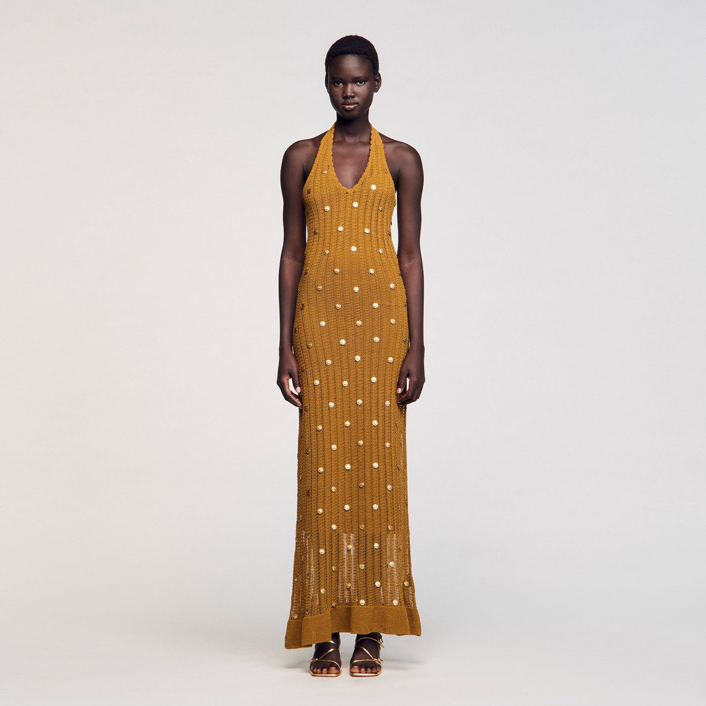 Sandro Maxi knit dress with fringes Olive