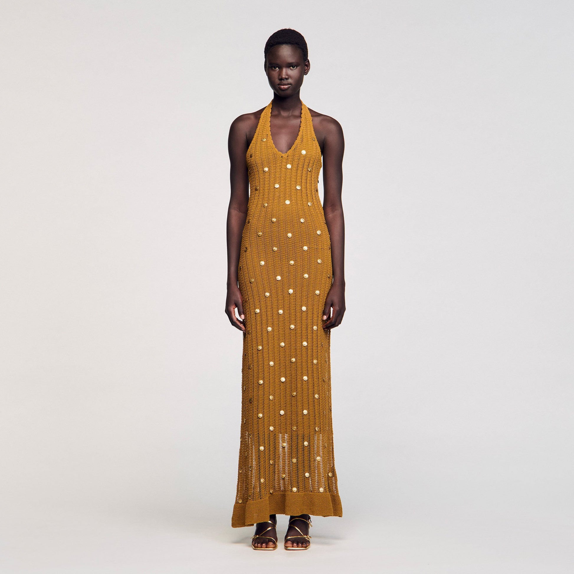 Sandro Maxi knit dress with fringes Olive