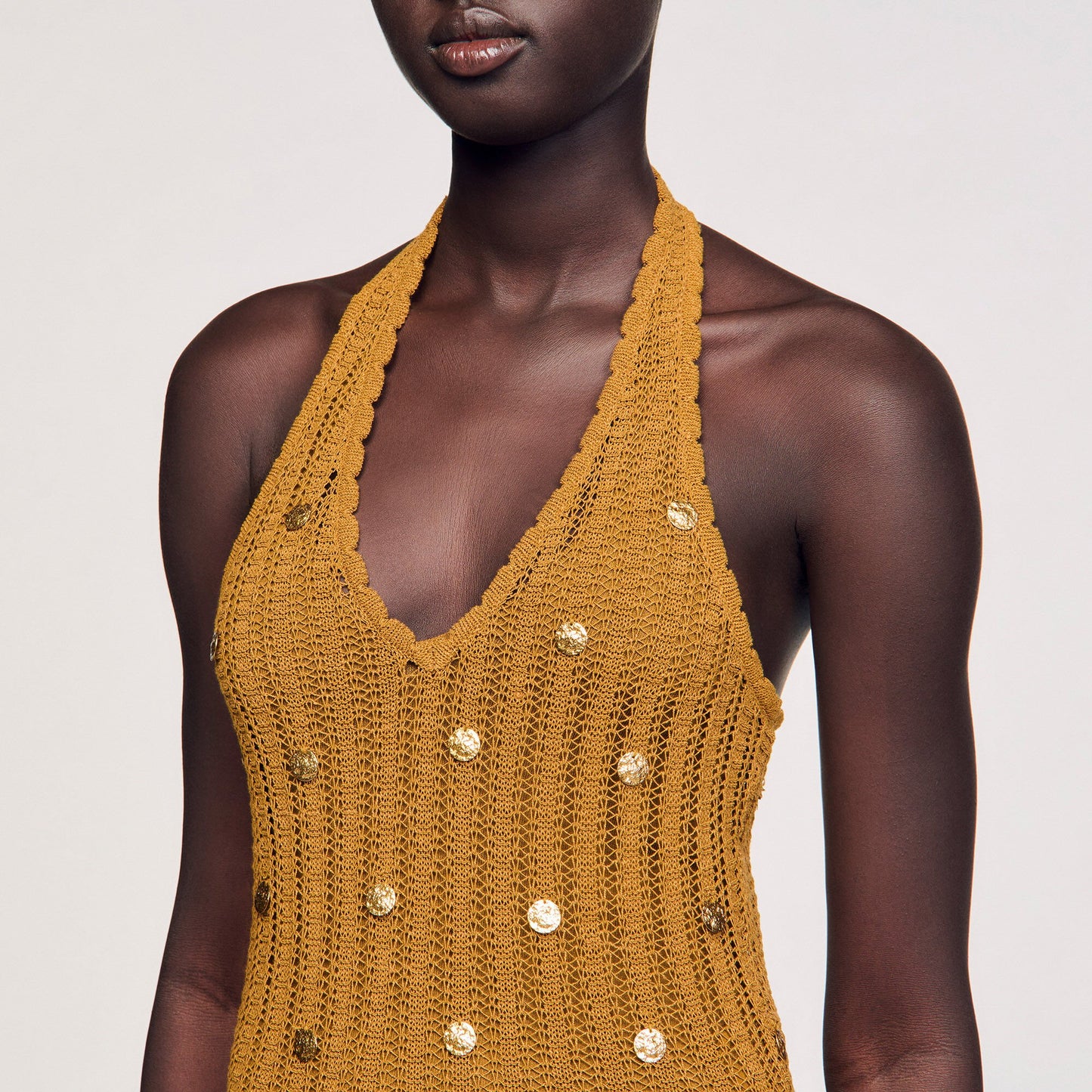 Sandro Maxi knit dress with fringes Olive