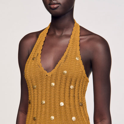 Sandro Maxi knit dress with fringes Olive