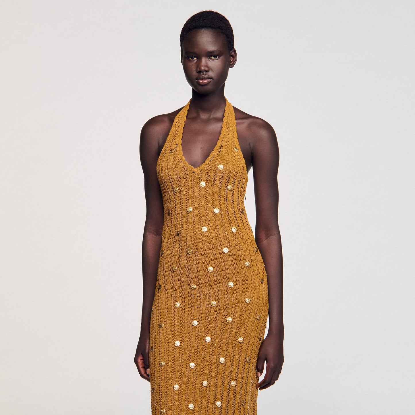 Sandro Maxi knit dress with fringes Olive