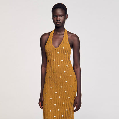 Sandro Maxi knit dress with fringes Olive