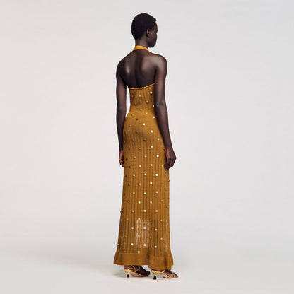 Sandro Maxi knit dress with fringes Olive