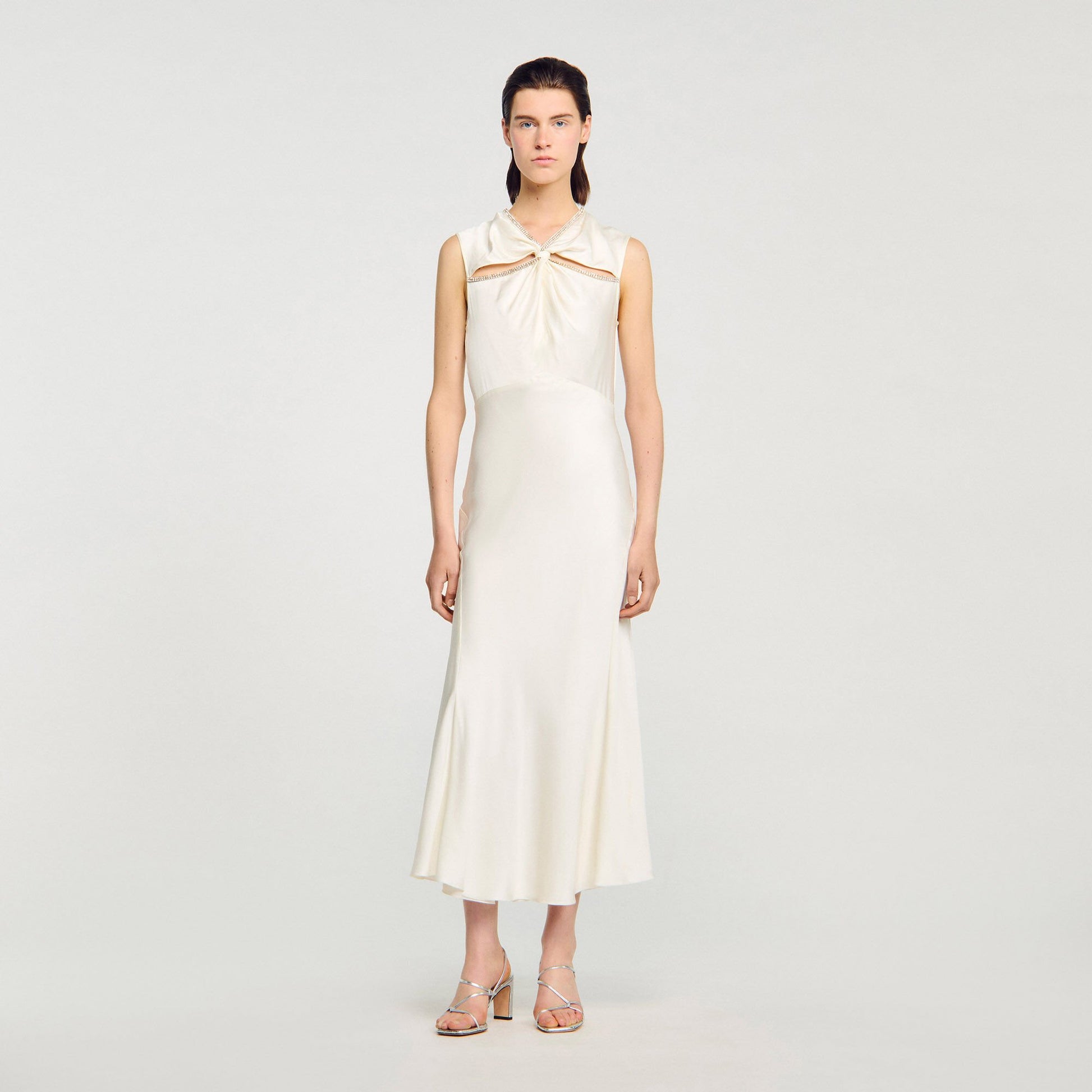 Sandro Satin maxi dress with rhinestones Ecru