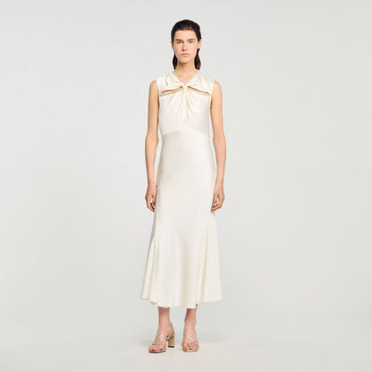 Sandro Satin maxi dress with rhinestones Ecru