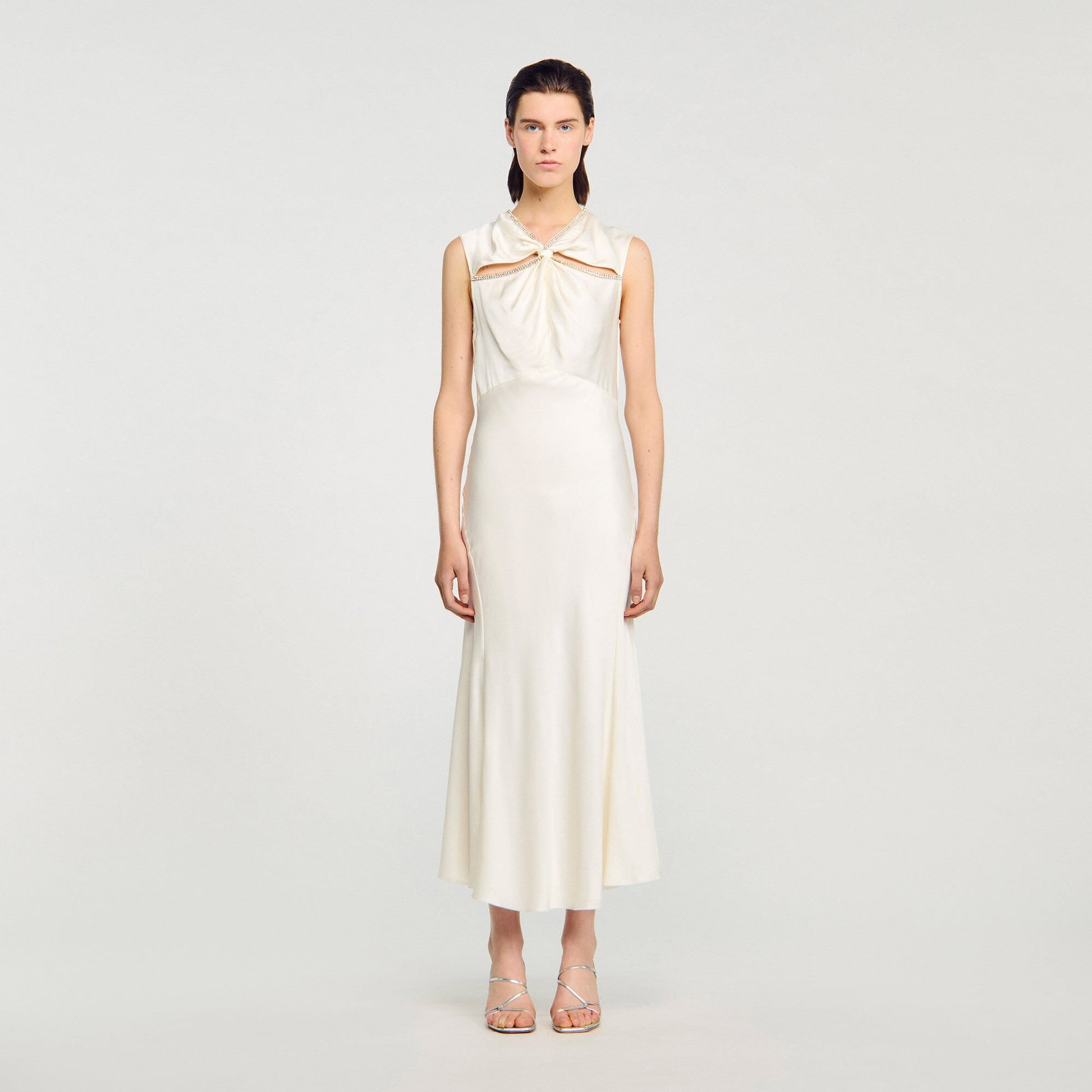 Sandro Satin maxi dress with rhinestones Ecru