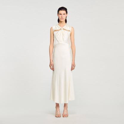 Sandro Satin maxi dress with rhinestones Ecru