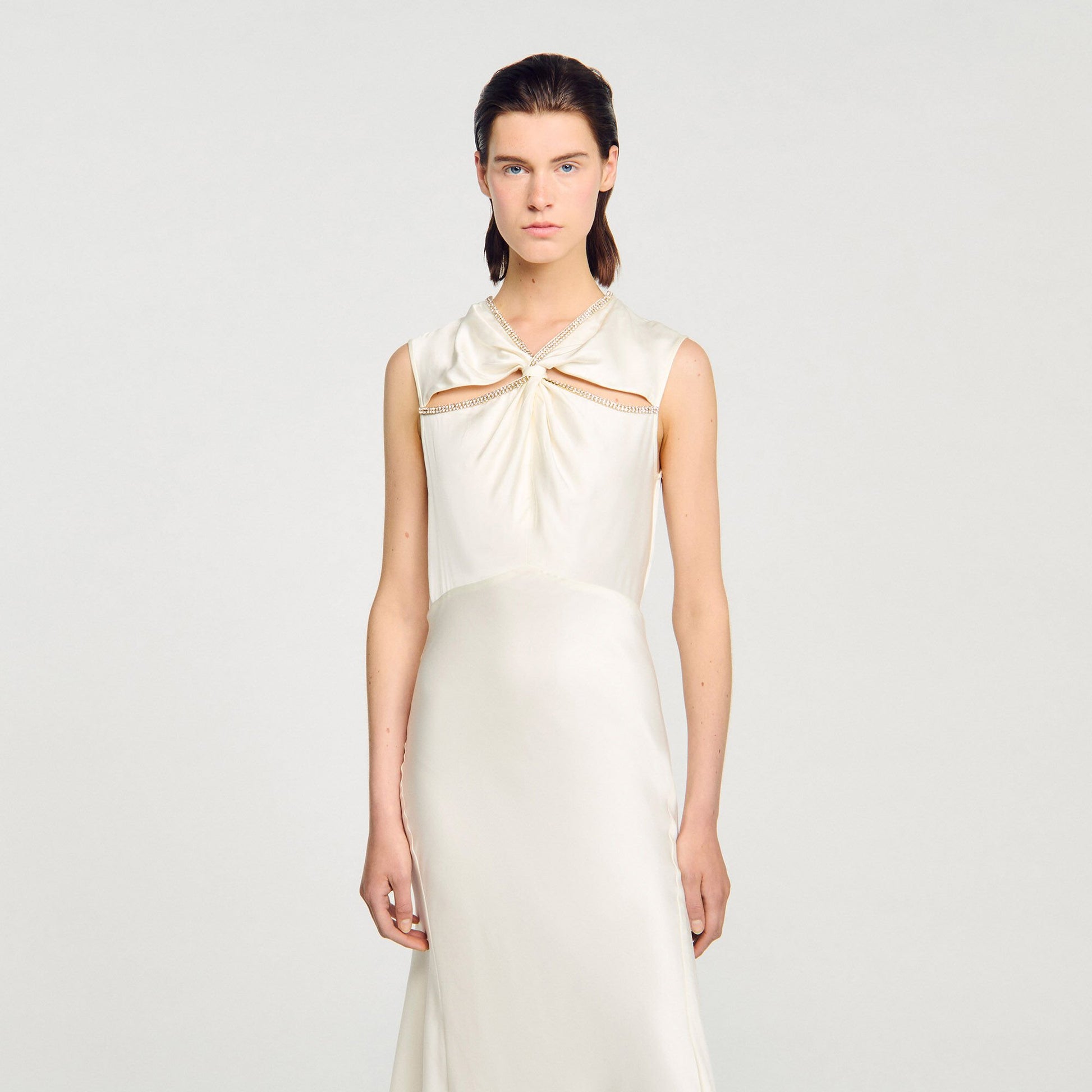 Sandro Satin maxi dress with rhinestones Ecru