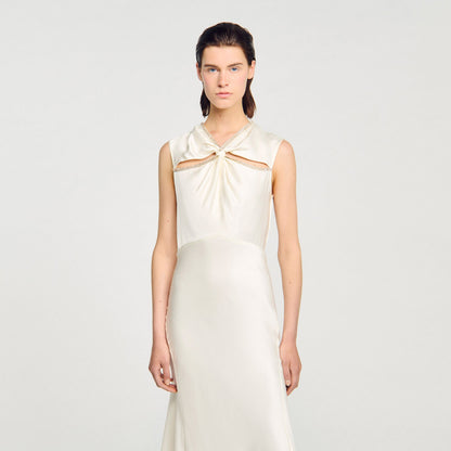 Sandro Satin maxi dress with rhinestones Ecru