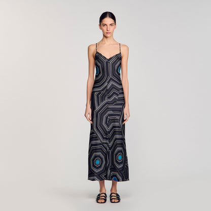Sandro Patterned silk maxi dress Black
