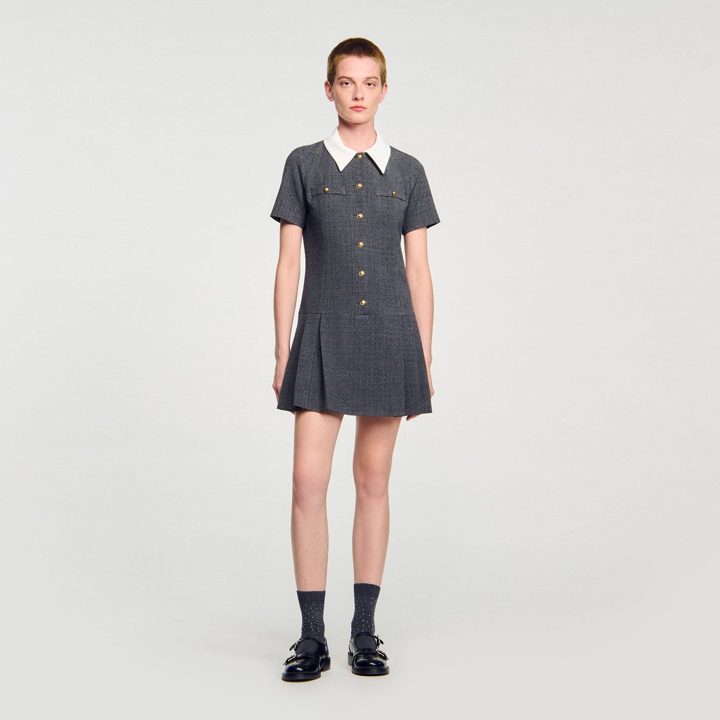 Sandro Mini pleated dress with rhinestones Grey / Brown