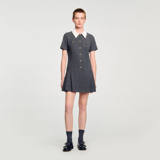 Sandro Mini pleated dress with rhinestones Grey / Brown