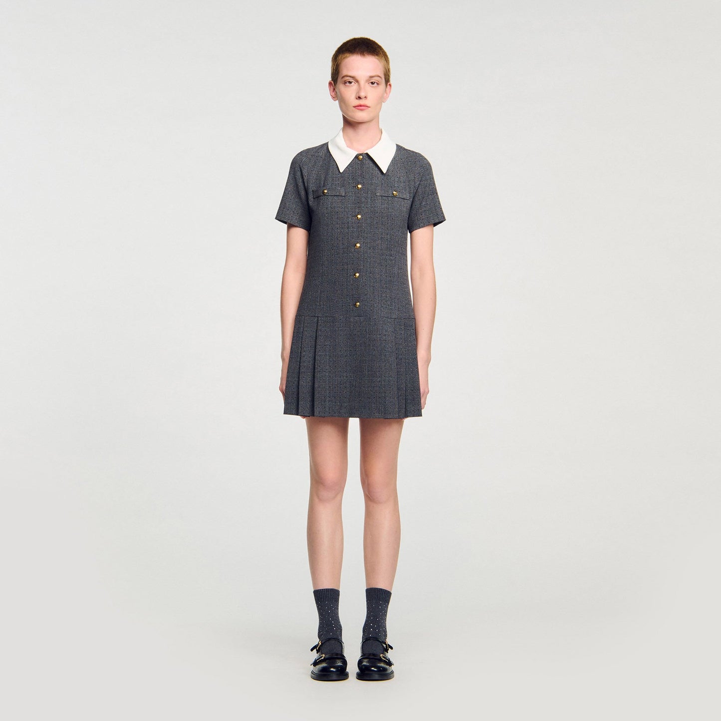 Sandro Mini pleated dress with rhinestones Grey / Brown