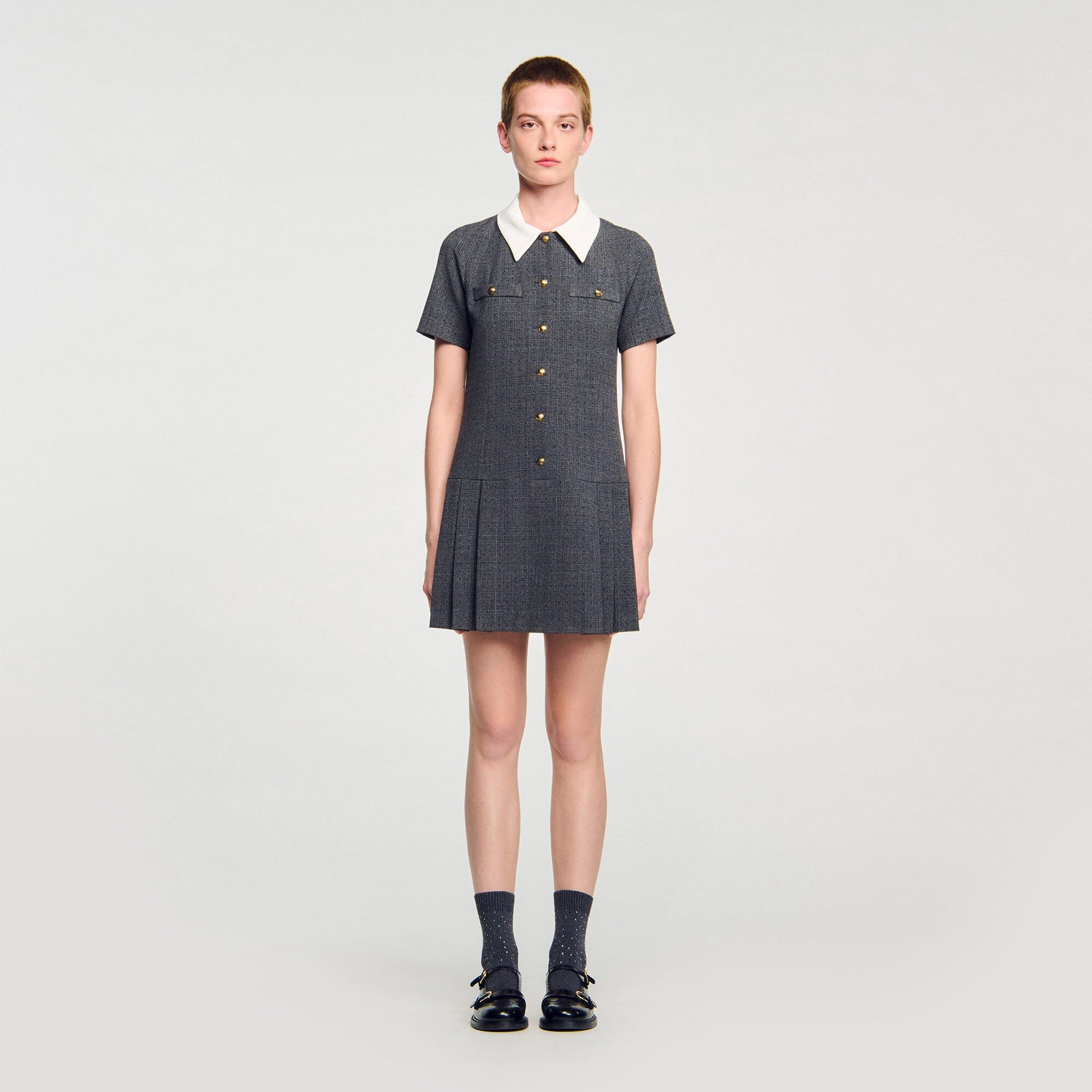 Sandro Mini pleated dress with rhinestones Grey / Brown