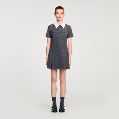 Sandro Mini pleated dress with rhinestones Grey / Brown