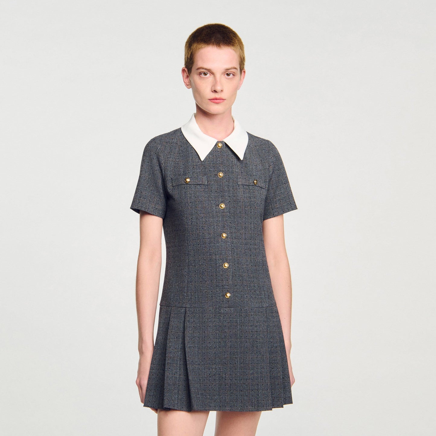 Sandro Mini pleated dress with rhinestones Grey / Brown