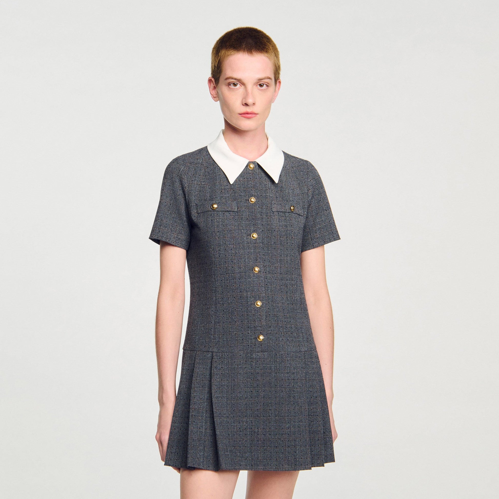 Sandro Mini pleated dress with rhinestones Grey / Brown