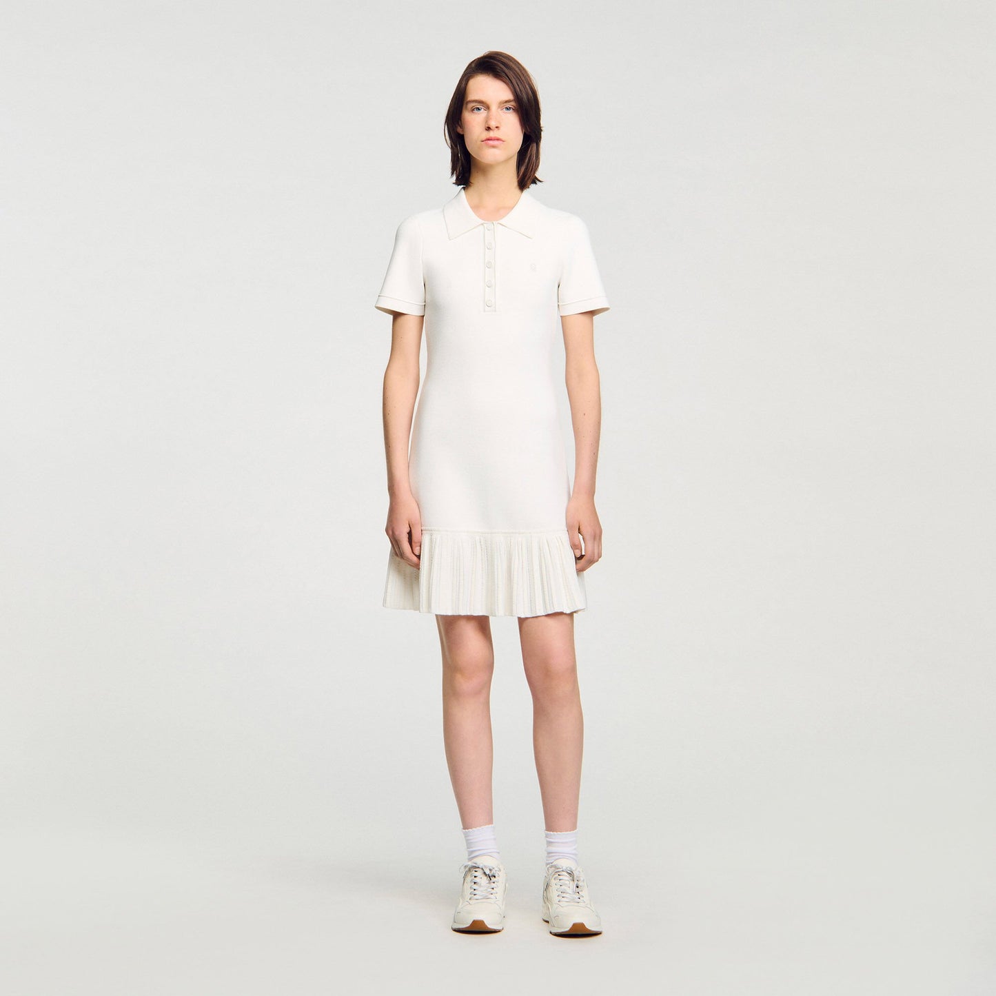 Sandro Mini knit dress with polo neck Ecru