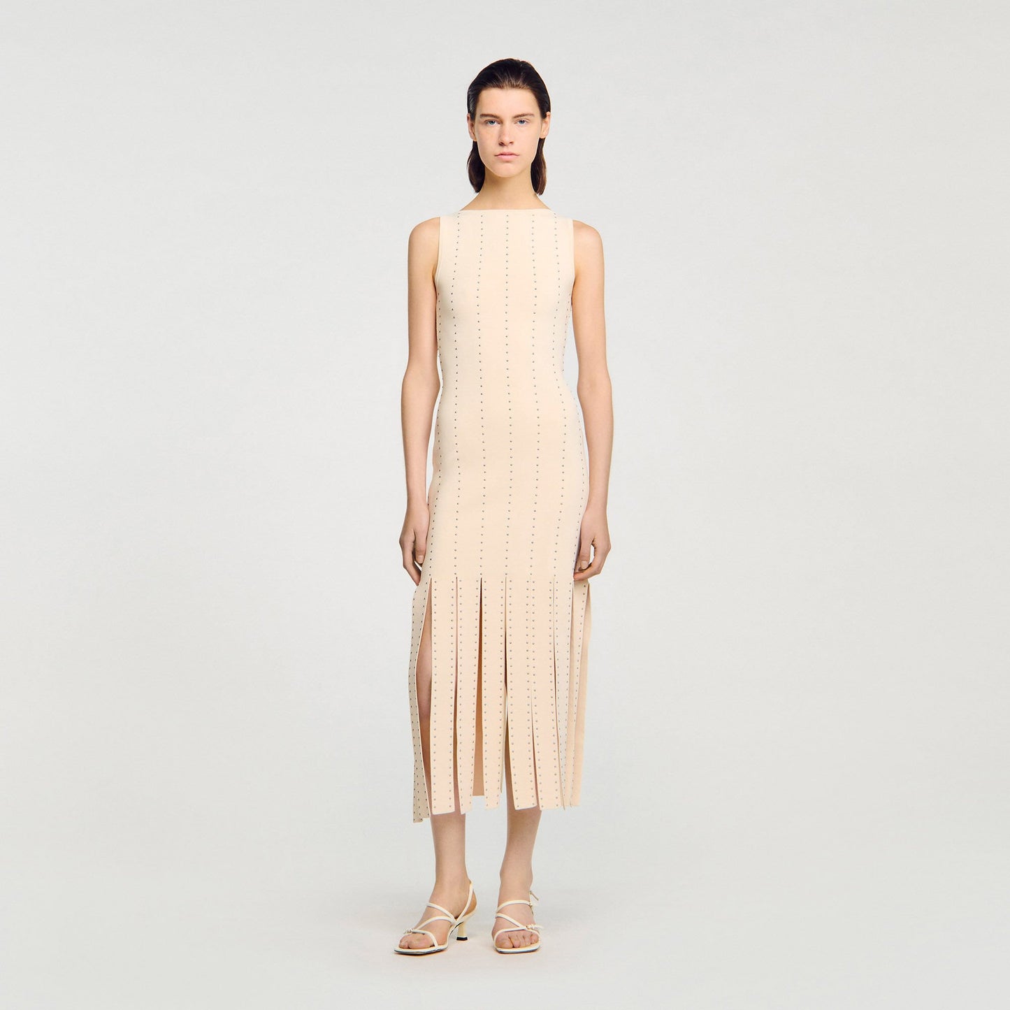 Sandro Fringed knit maxi dress Ecru
