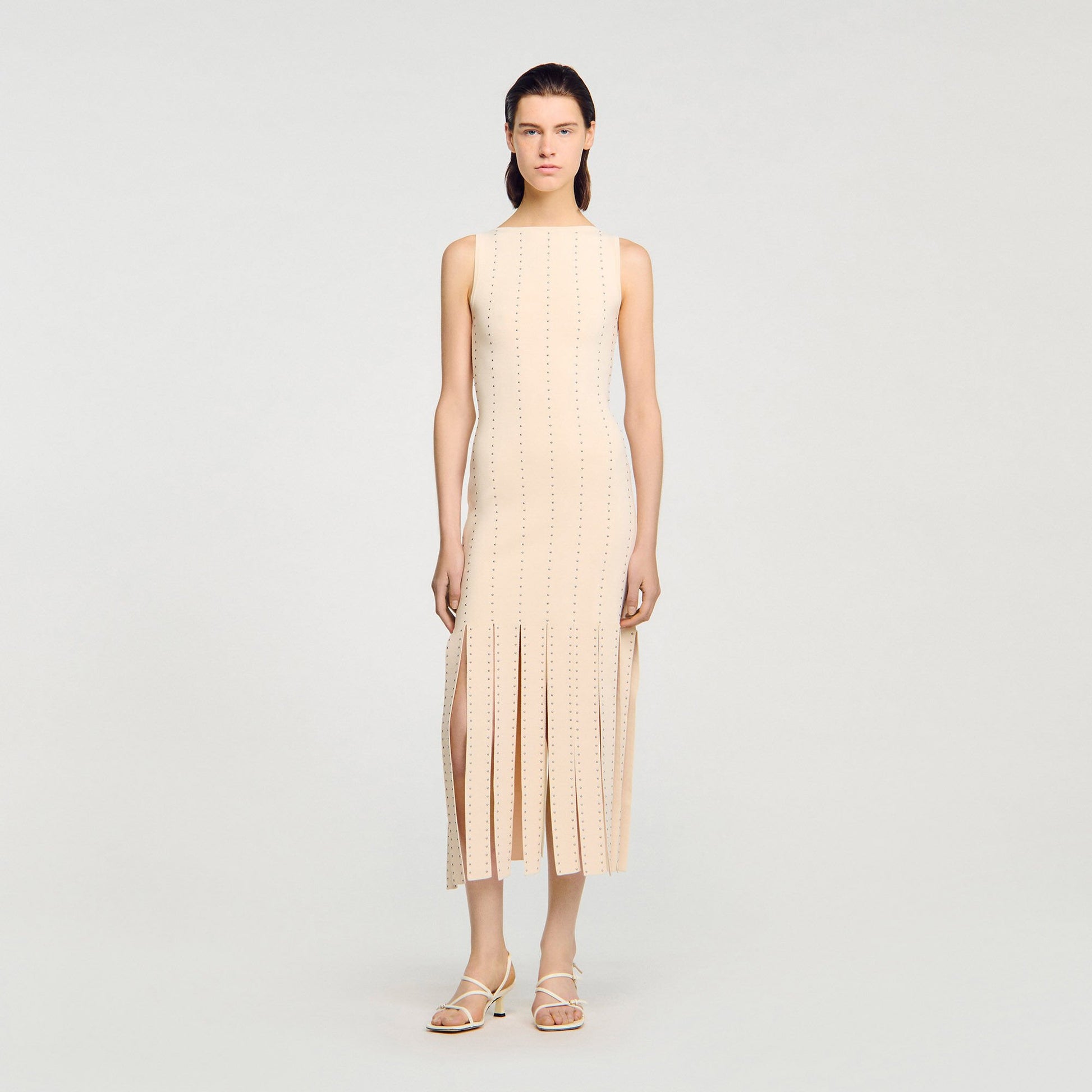 Sandro Fringed knit maxi dress Ecru