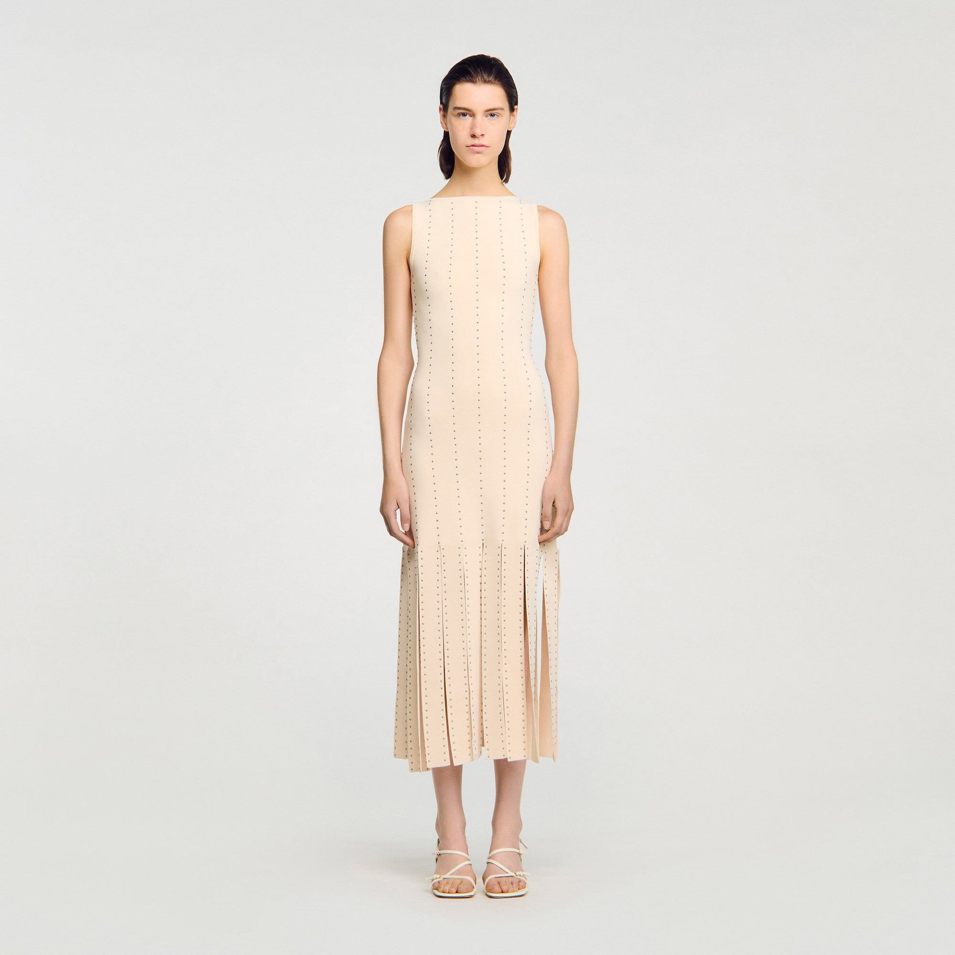 Sandro Fringed knit maxi dress Ecru
