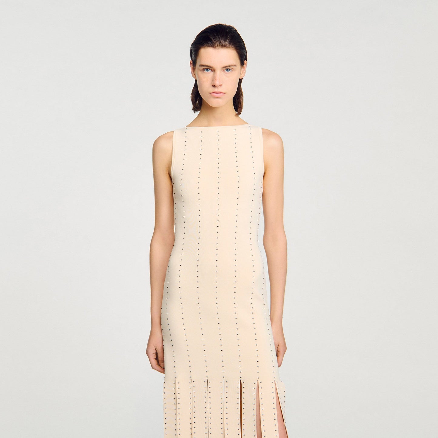 Sandro Fringed knit maxi dress Ecru