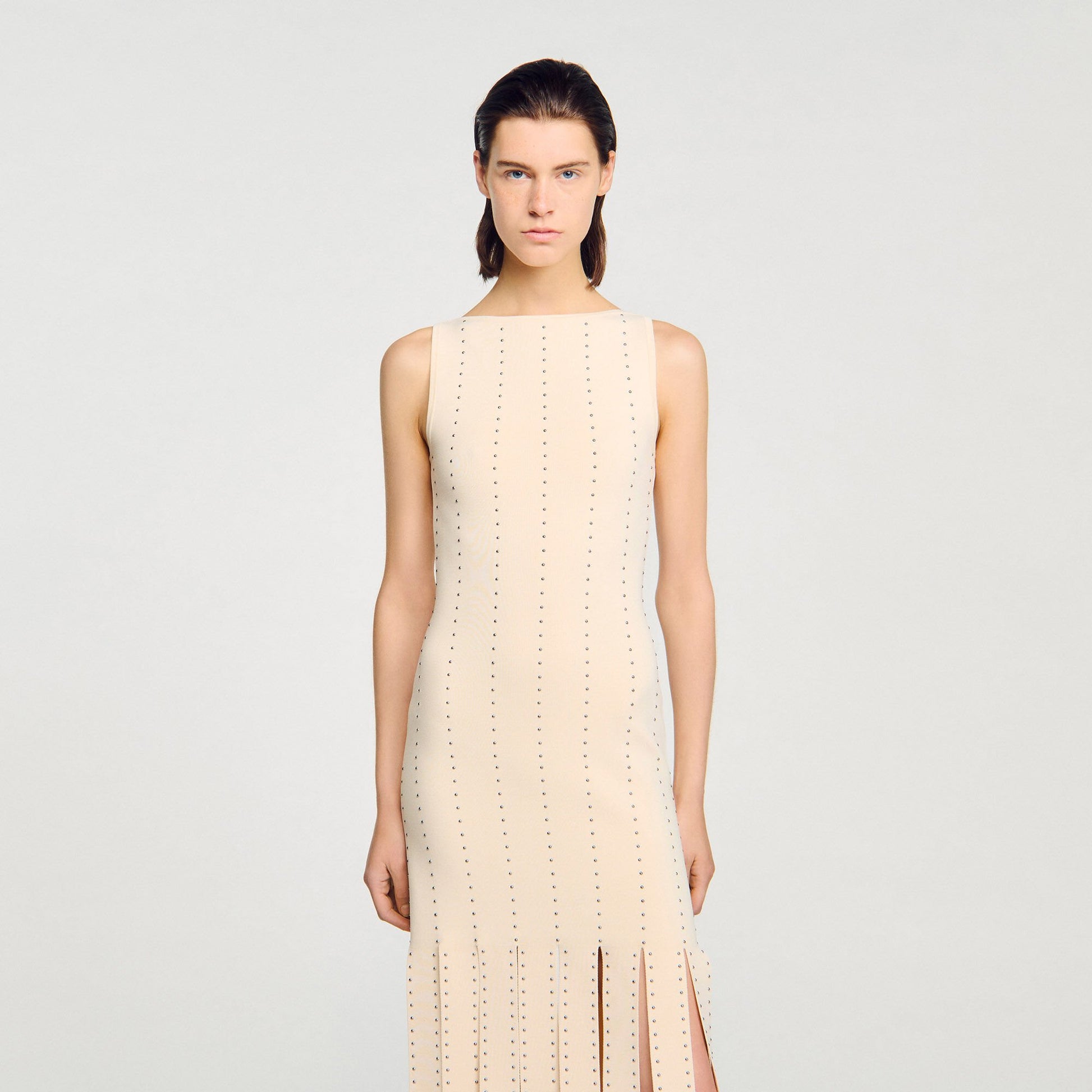 Sandro Fringed knit maxi dress Ecru