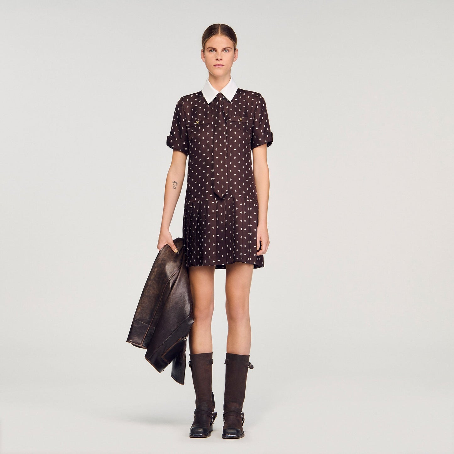 Sandro Printed satin-effect mini dress Brown / White