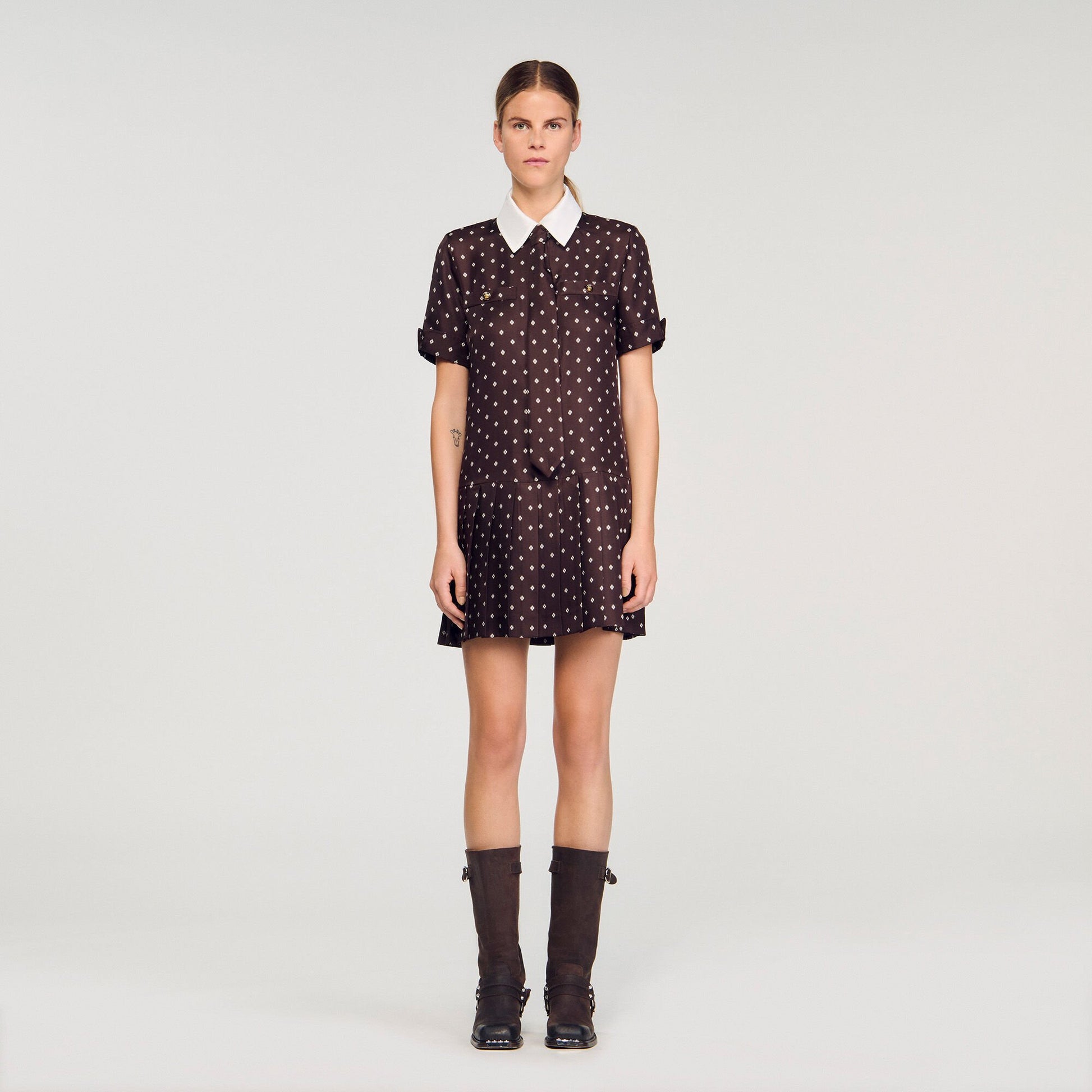 Sandro Printed satin-effect mini dress Brown / White