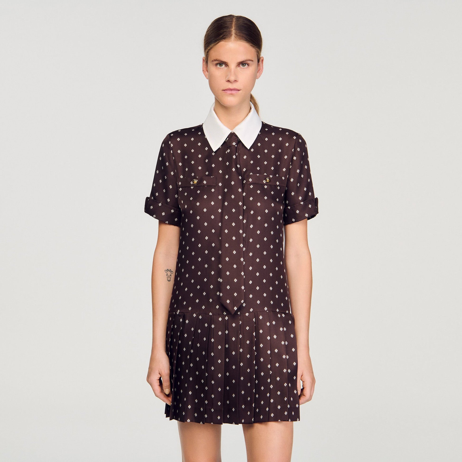 Sandro Printed satin-effect mini dress Brown / White