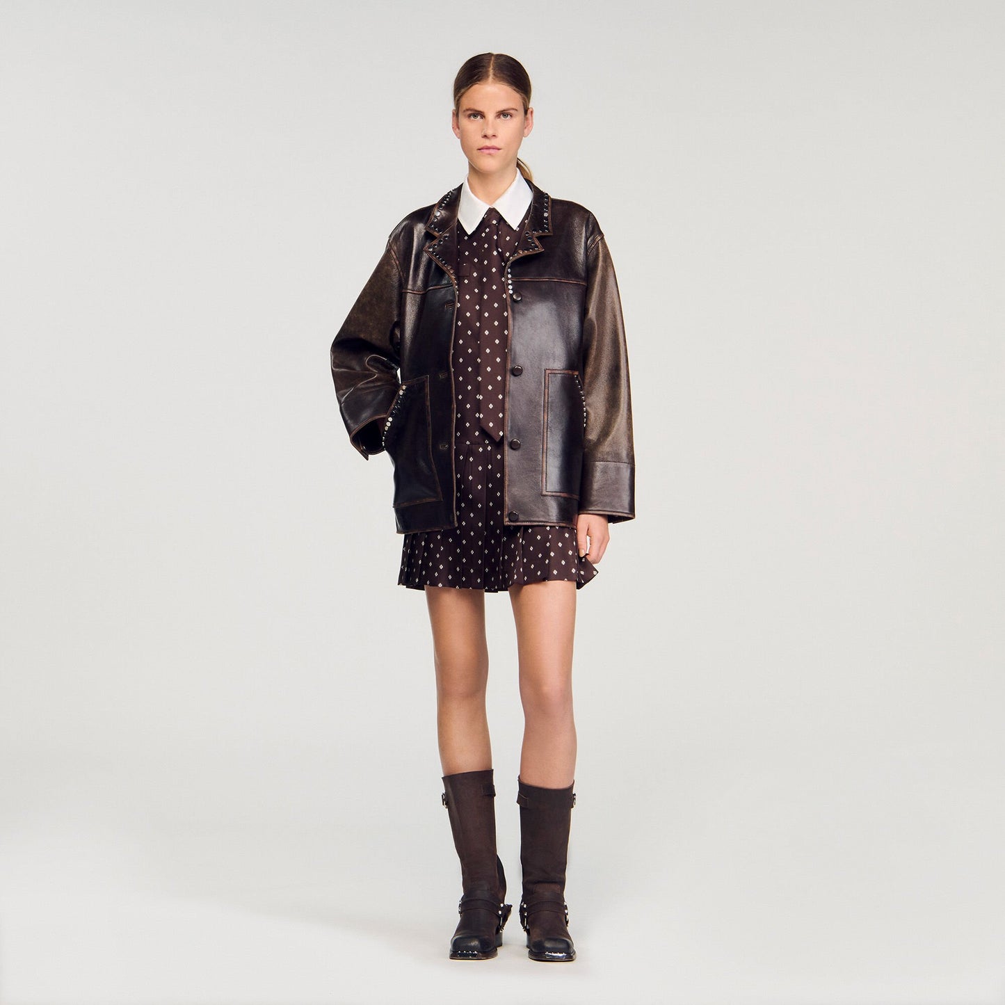 Sandro Printed satin-effect mini dress Brown / White