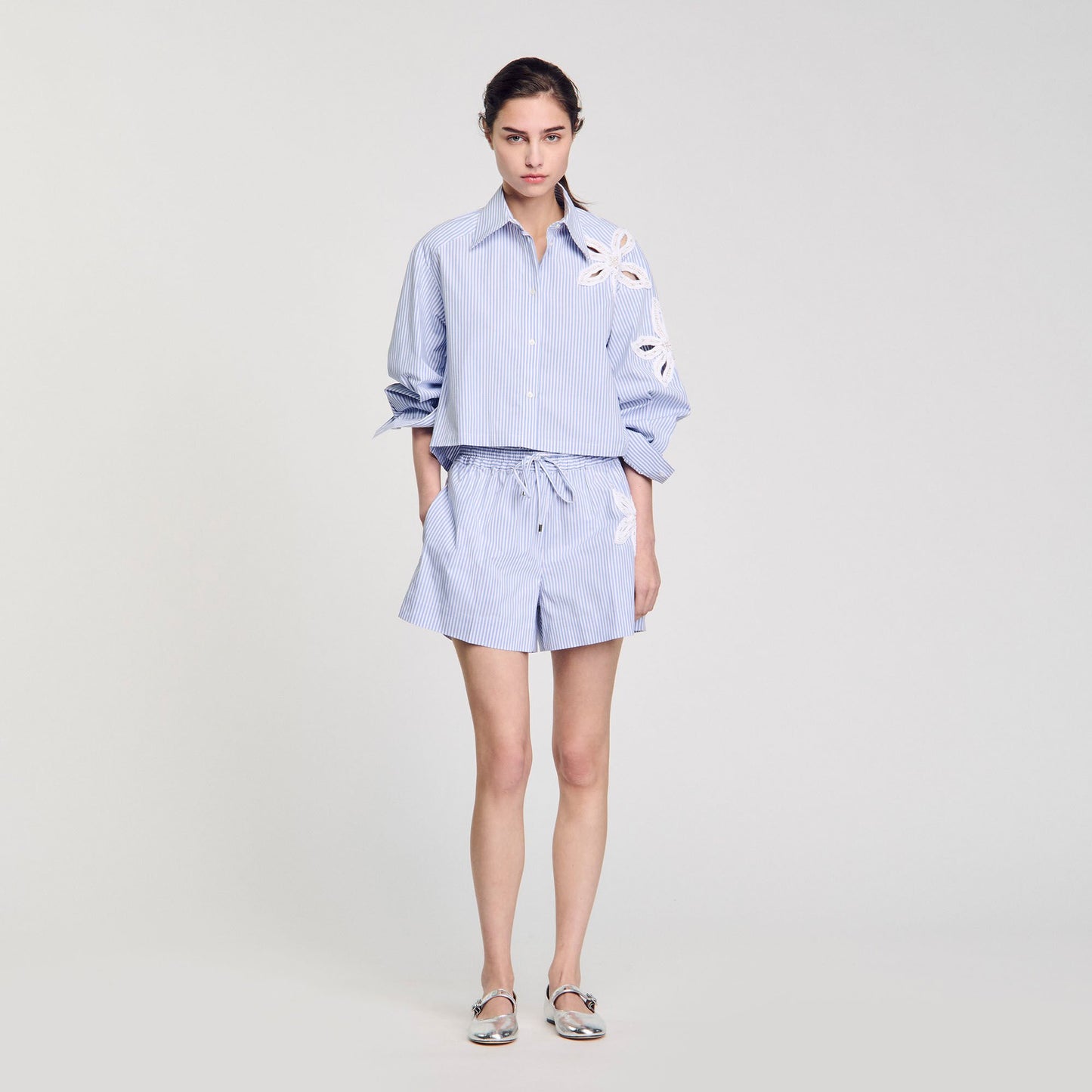 Sandro Striped shorts with flower detail Sky Blue