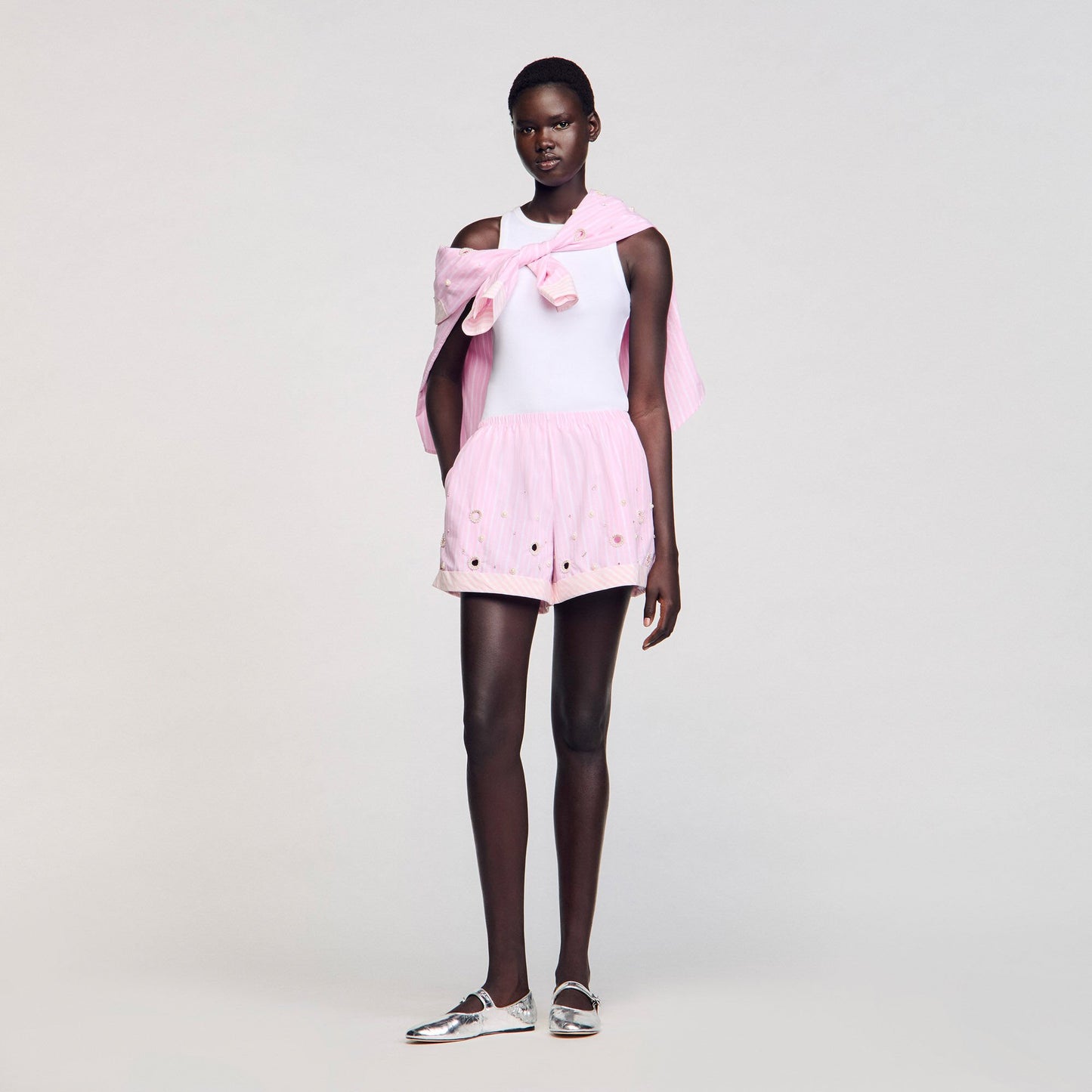 Sandro Rhinestone striped shorts Pink