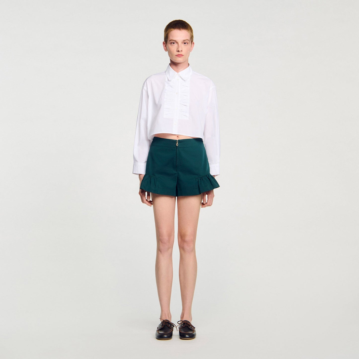 Sandro Flared ruffled shorts Bottle Green