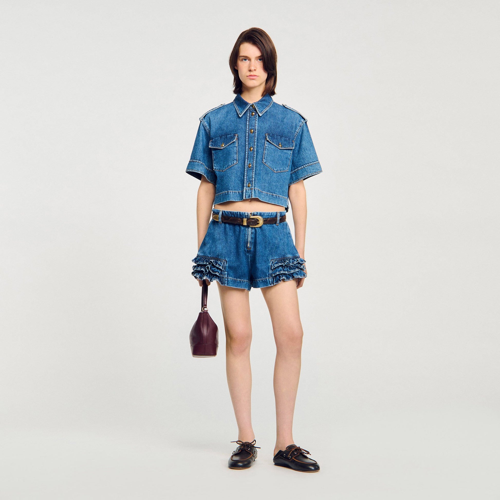 Sandro Ruffled denim shorts Blue Jean