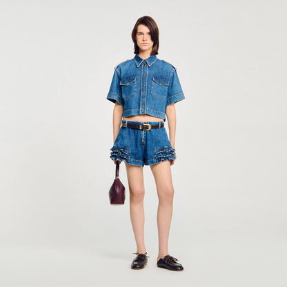 Sandro Ruffled denim shorts Blue Jean