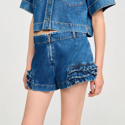 Sandro Ruffled denim shorts Blue Jean
