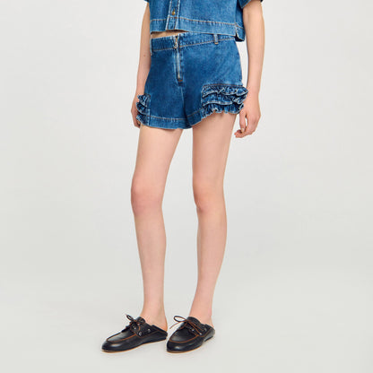 Sandro Ruffled denim shorts Blue Jean