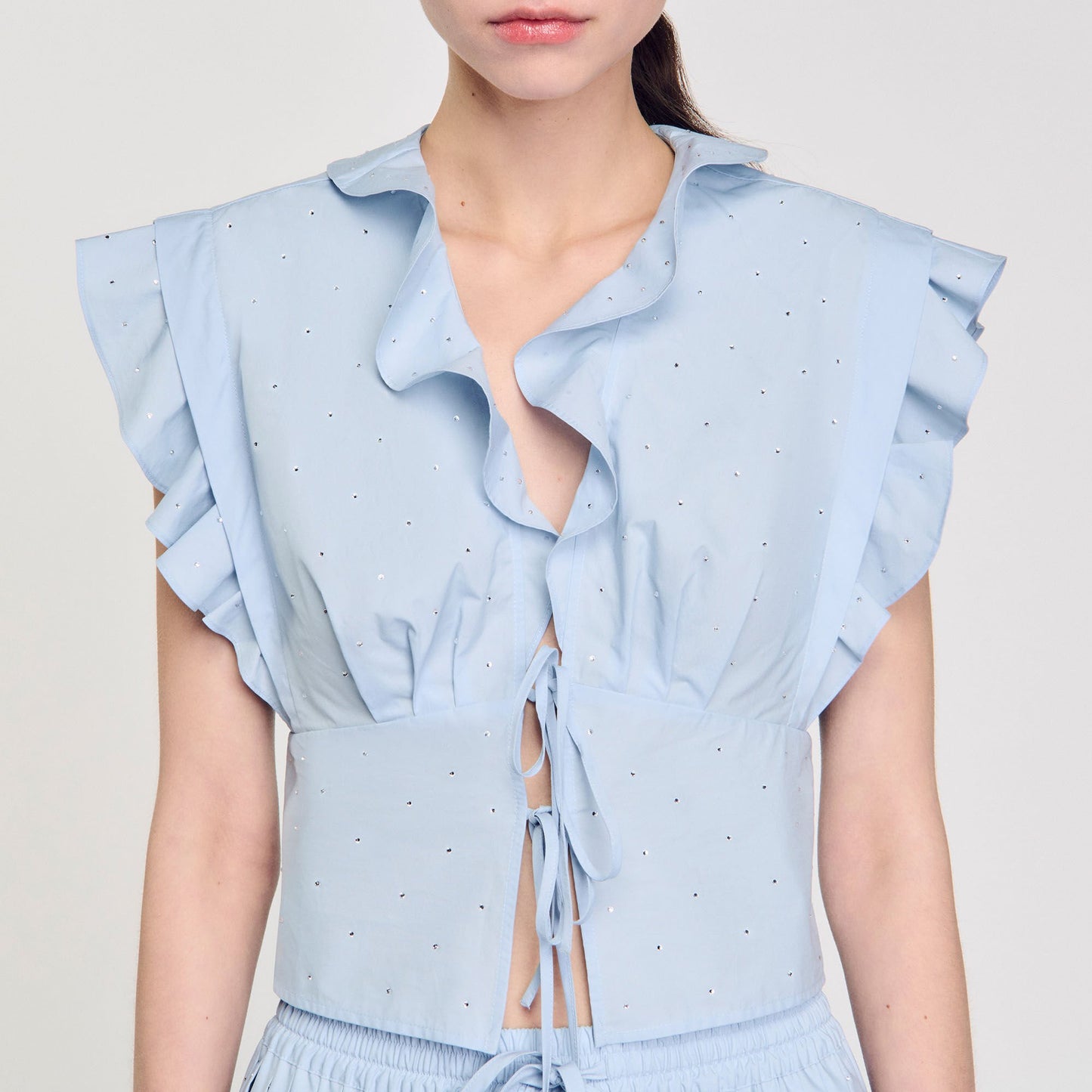 Sandro Rhinestone ruffle top Sky Blue