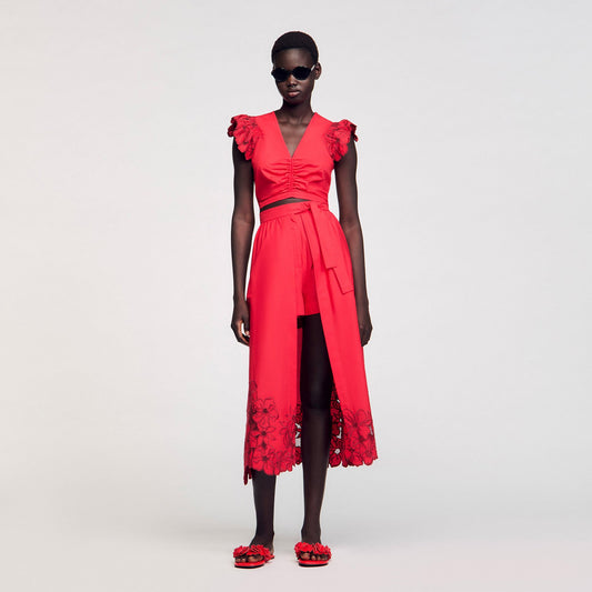 Sandro Crop top with embroidered sleeves Red
