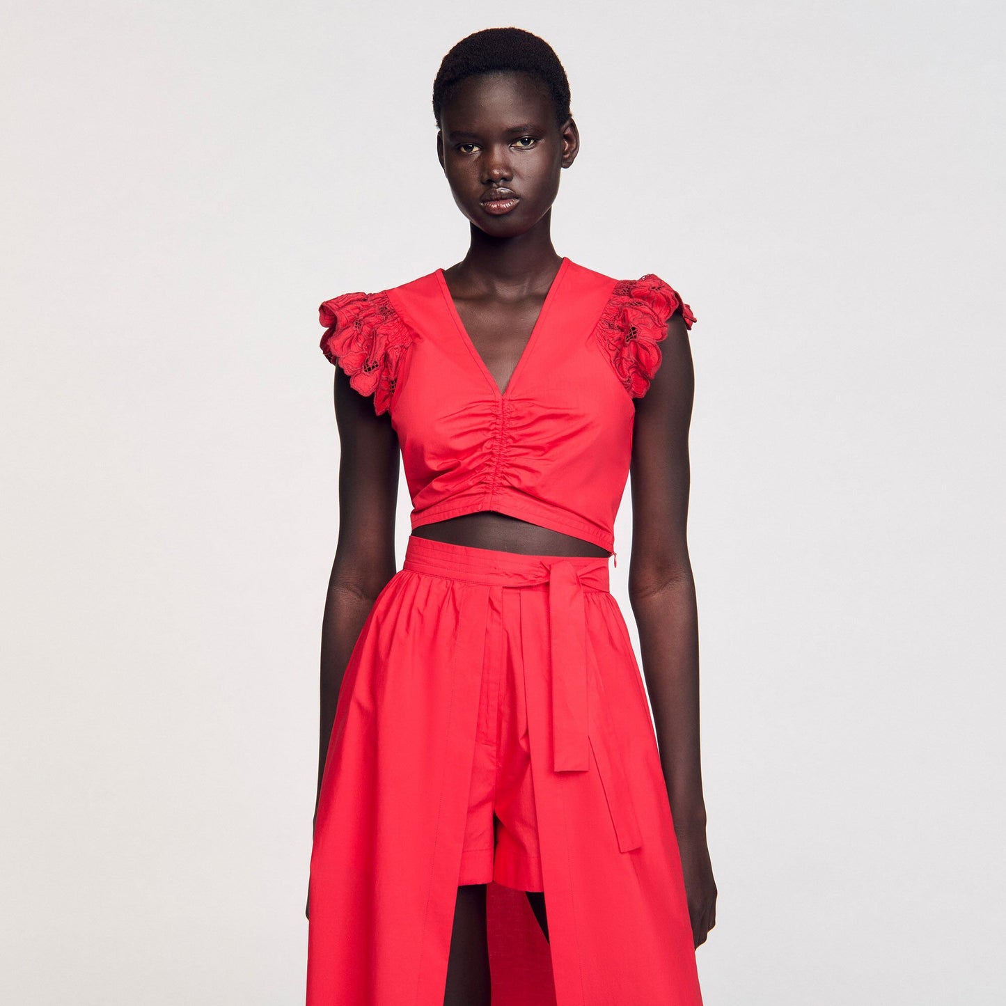 Sandro Crop top with embroidered sleeves Red