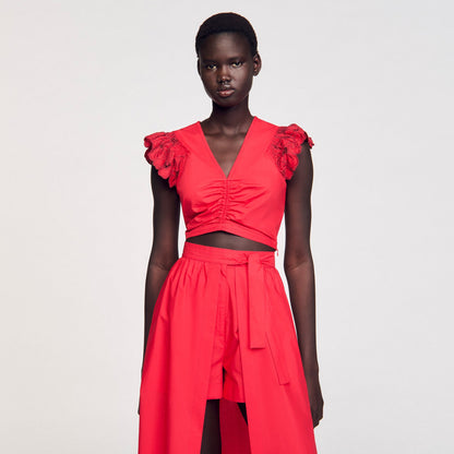 Sandro Crop top with embroidered sleeves Red
