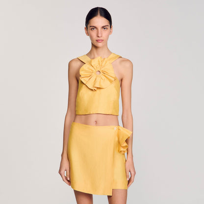 Sandro Ruffled flower detailed crop top Straw