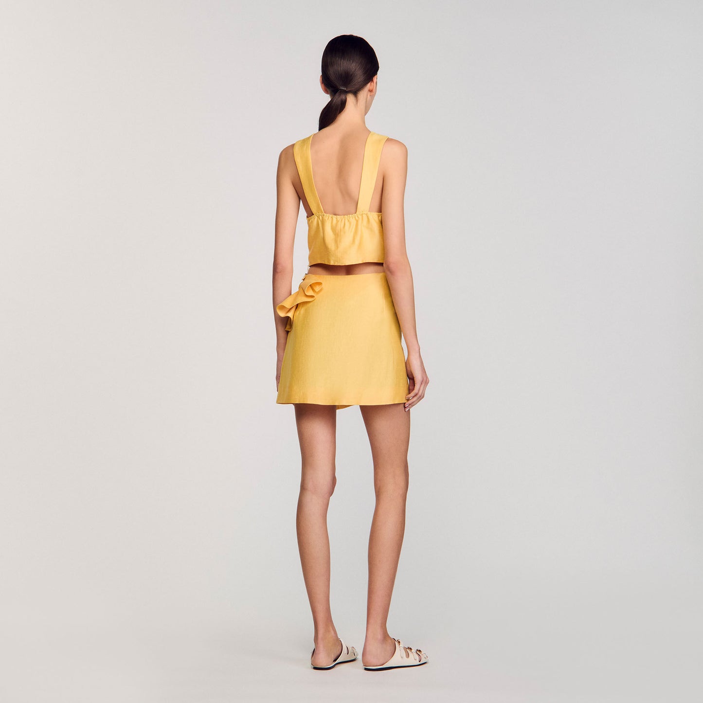 Sandro Ruffled flower detailed crop top Straw