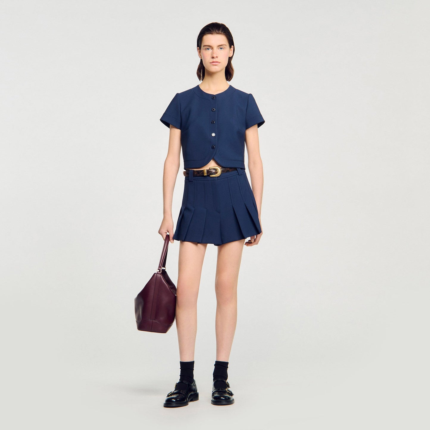 Sandro Rounded hem buttoned crop top Navy Blue