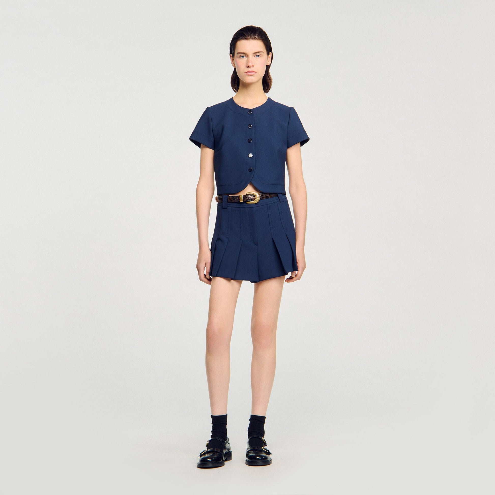 Sandro Rounded hem buttoned crop top Navy Blue