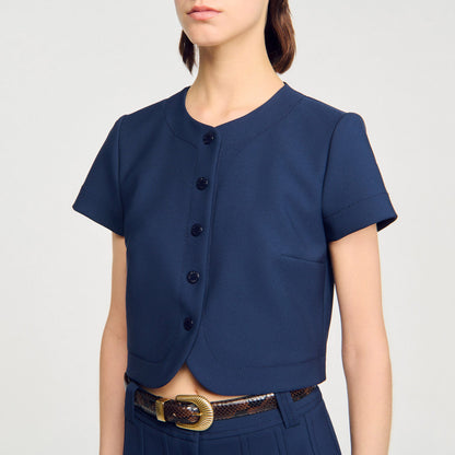 Sandro Rounded hem buttoned crop top Navy Blue